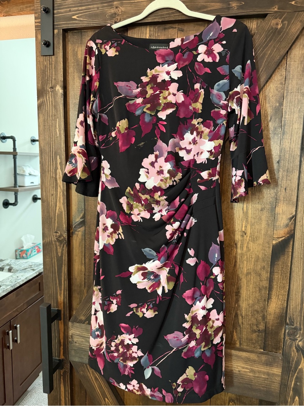 connected apparel Black Midi Dress with Pink & Burgundy Floral Print